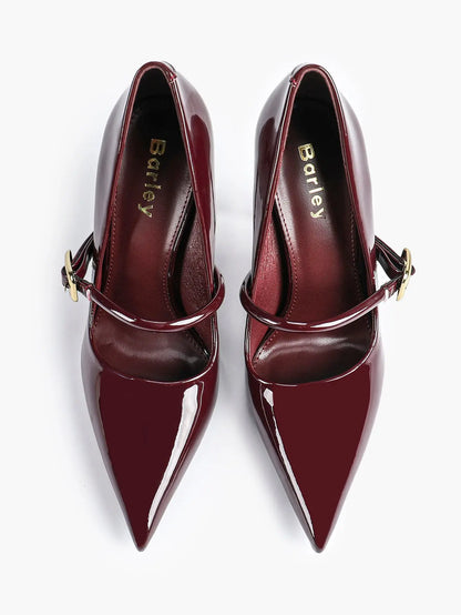 Women's Leather Stiletto Heels 4.13 Inch Pointed Toe Strap Pumps Shoes with Buckle for Casual Office YISHIFAN