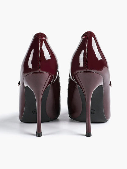 Burgundy Leather Stiletto Heels Sharp Pointed Toe Cross Strap Pump 4.13 INCH for Party Wedding Shoes YISHIFAN