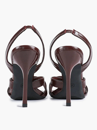 Women's White Leather Square-Toe Stiletto Heels Slingback Heels 3.74 Inch Cross-Strap Stiletto Sandals YISHIFAN