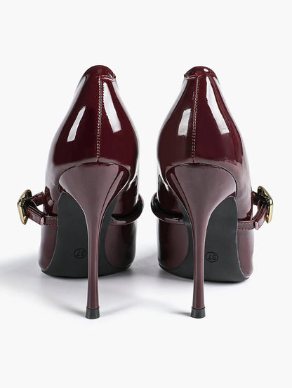 Women's Leather Stiletto Heels 4.13 Inch Pointed Toe Strap Pumps Shoes with Buckle for Casual Office YISHIFAN