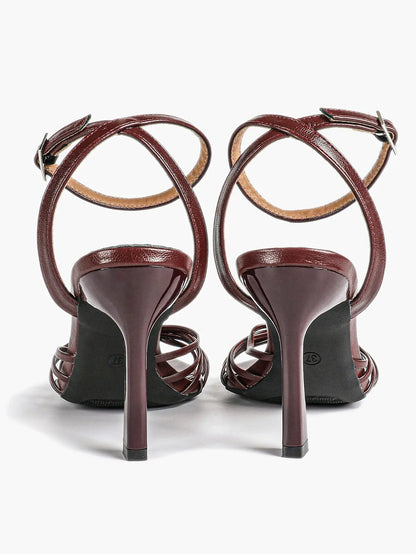 Women's Black Stiletto Heels 3.54 Inch Crisscross Strap Sandals Wedding Party Evening Dress Shoes YISHIFAN