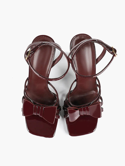 Women's Metallic Silver Open Toe Square Stiletto Sandals Galaxy Bowknot with Ankle Strap for Any Formal Scene YISHIFAN
