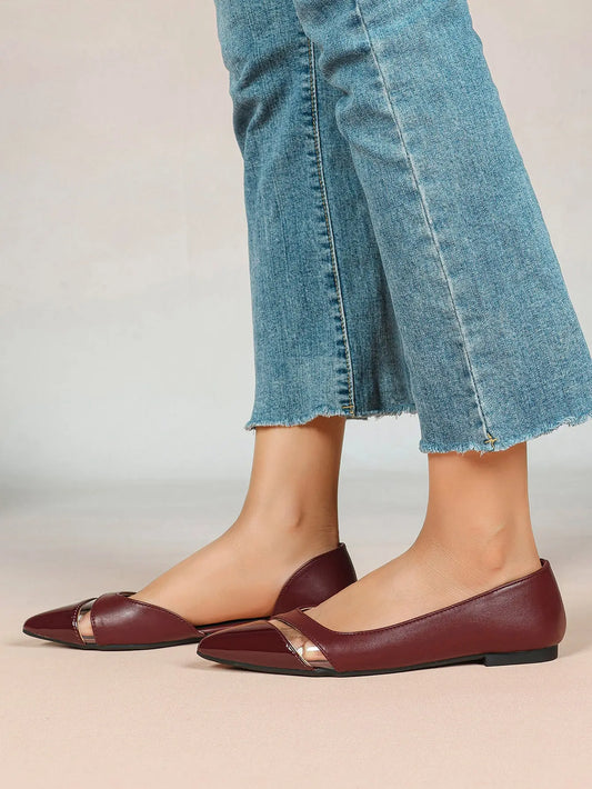 Burgundy Closed Toe Pointed-Toe Flats: Comfort with Metallic Edge Party Work Shoes YISHIFAN