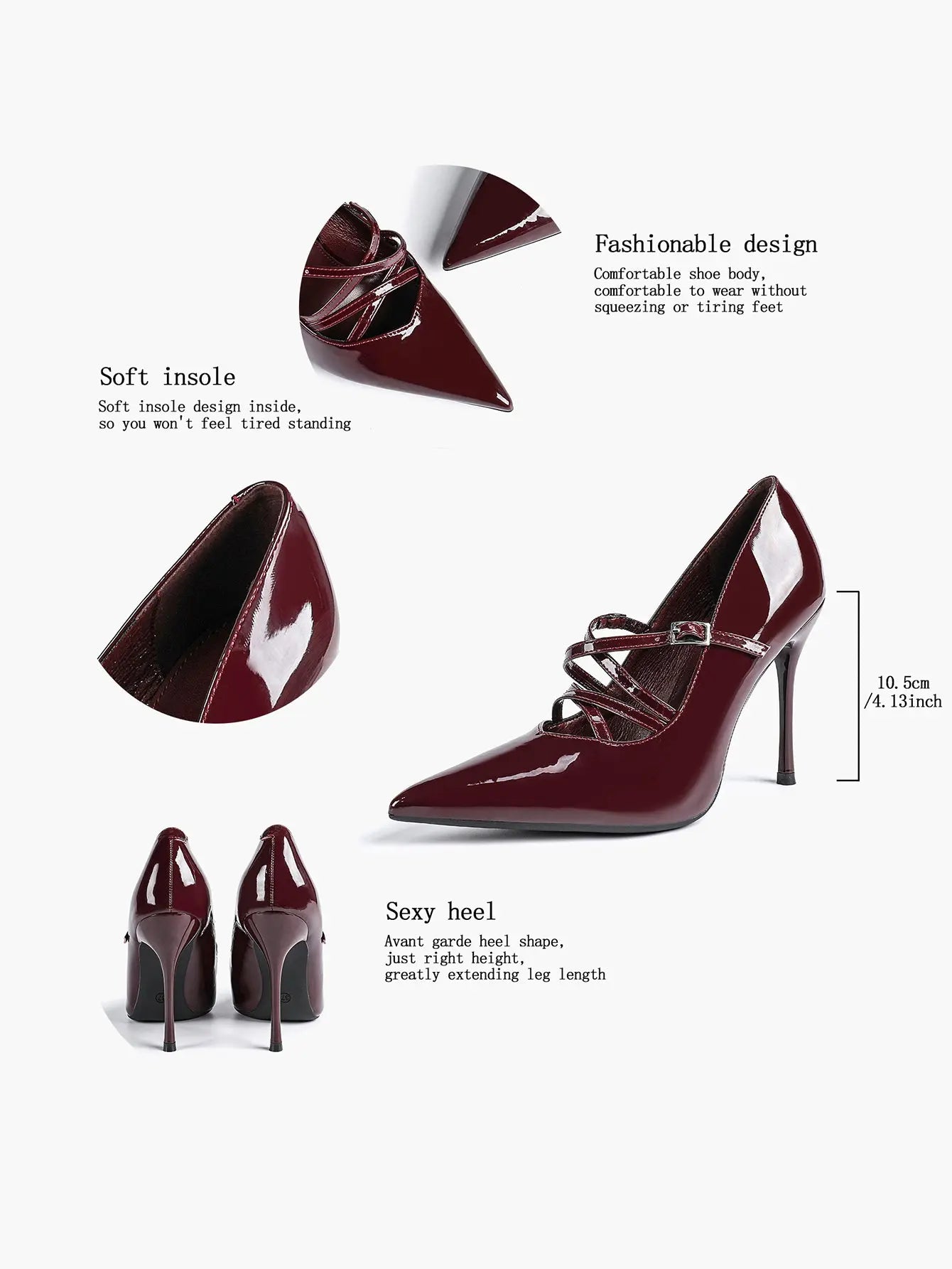 Burgundy Leather Stiletto Heels Sharp Pointed Toe Cross Strap Pump 4.13 INCH for Party Wedding Shoes YISHIFAN
