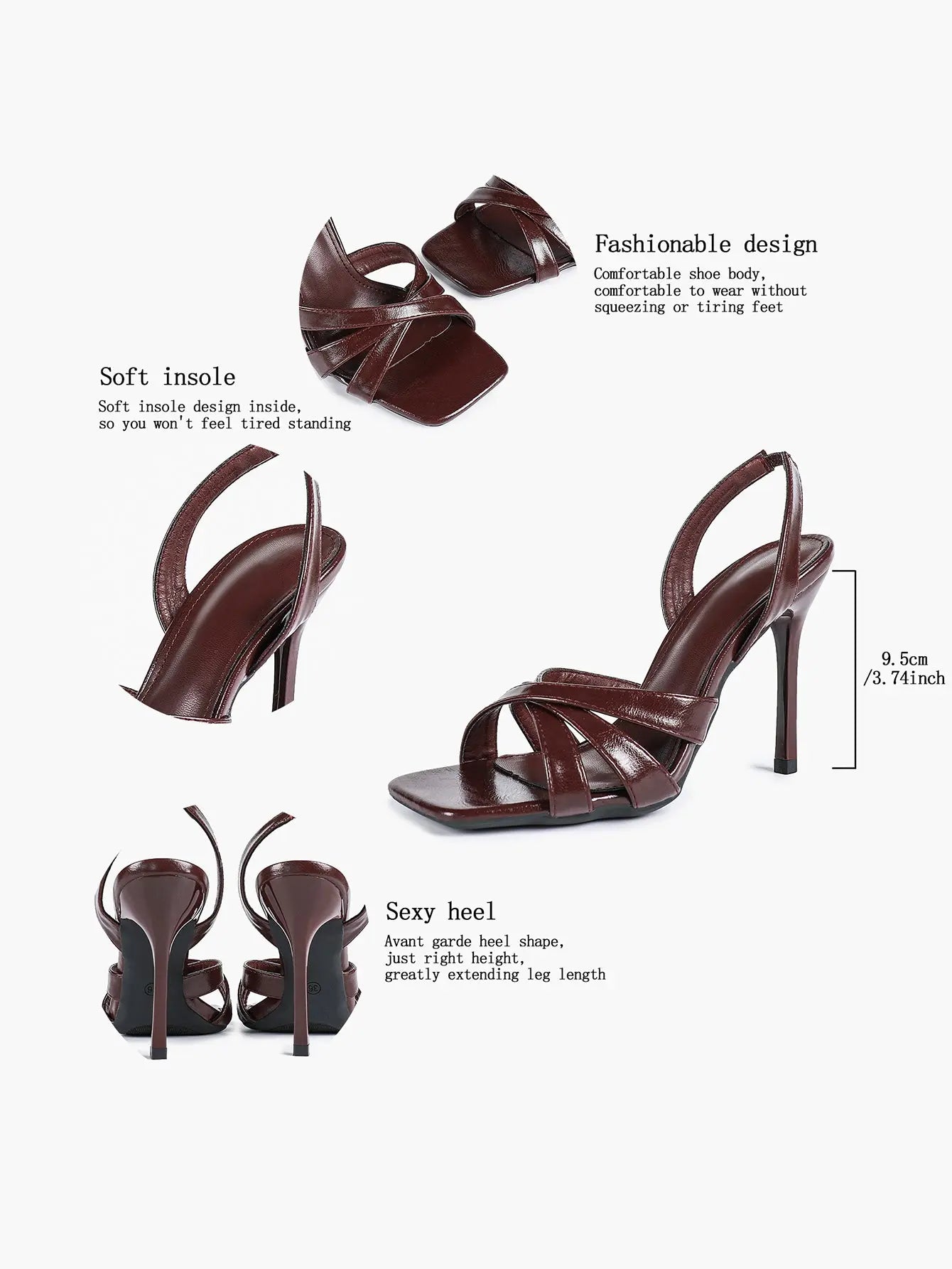 Women's White Leather Square-Toe Stiletto Heels Slingback Heels 3.74 Inch Cross-Strap Stiletto Sandals YISHIFAN