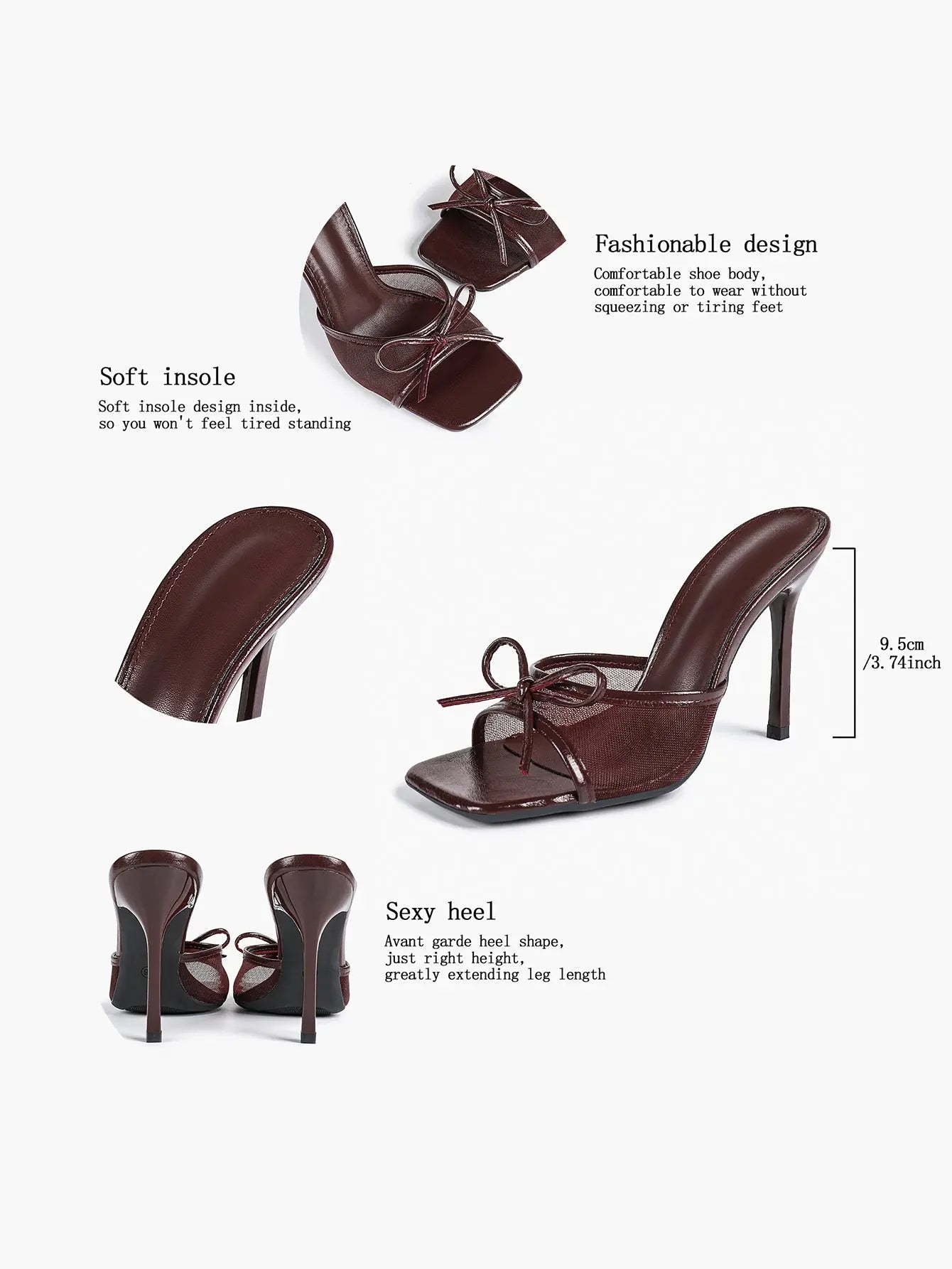 Women's Bowknot Mesh High Heel Sandals 3.74 Inch Open Square Toe Stiletto Sandals YISHIFAN