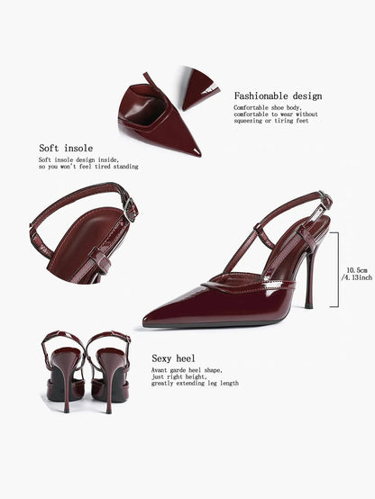 Women's Black Leather High-Heel Sandals Pointed Toe Stiletto Heels Office with for Wedding Party YISHIFAN