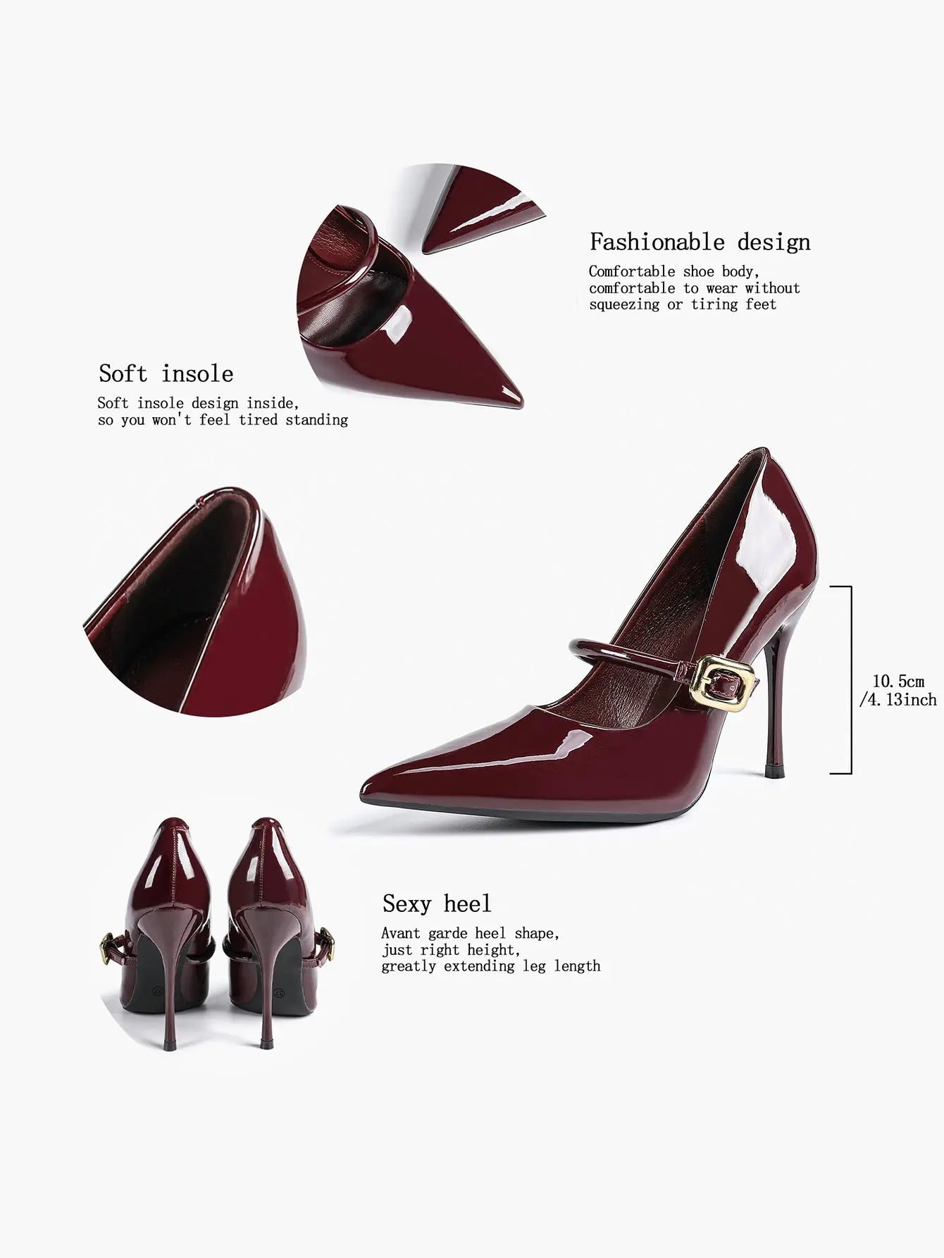 Women's Leather Stiletto Heels 4.13 Inch Pointed Toe Strap Pumps Shoes with Buckle for Casual Office YISHIFAN