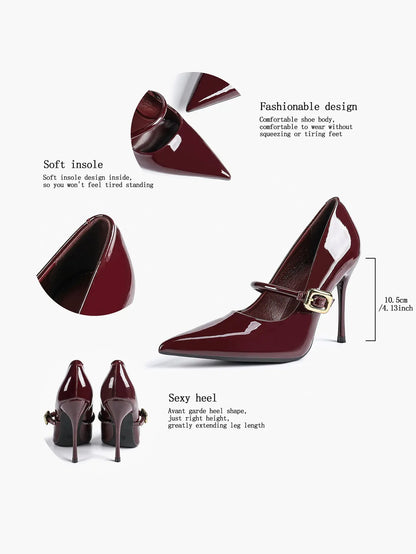 Women's Leather Stiletto Heels 4.13 Inch Pointed Toe Strap Pumps Shoes with Buckle for Casual Office YISHIFAN