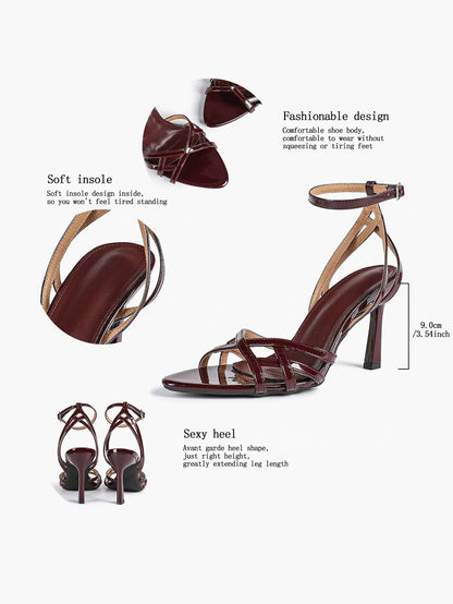 Leather Stiletto Heels for Women Open Pointed Toe Cross Ankle Strap Sandals for Wedding Party YISHIFAN