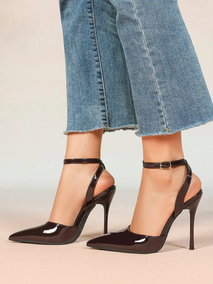 Women's Metallic Gloss Pointed Toe Adjustable Ankle Strap Heels Slingback Heel for Party Wedding Evening Club YISHIFAN