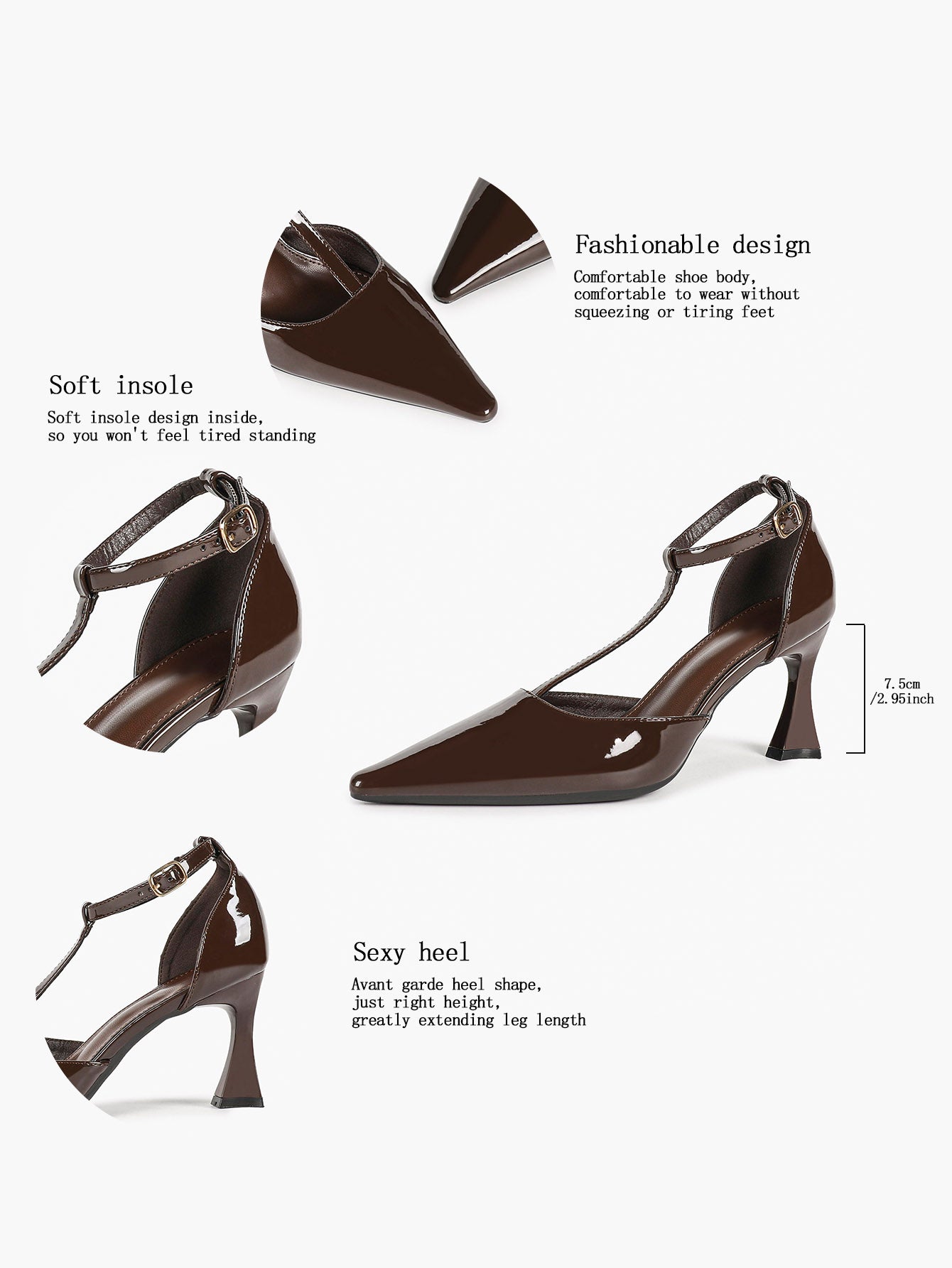 Women's Brown Patent T-Strap Stiletto Heels Ankle Buckle Pointed Toe Slingback Pumps Party Work Shoes