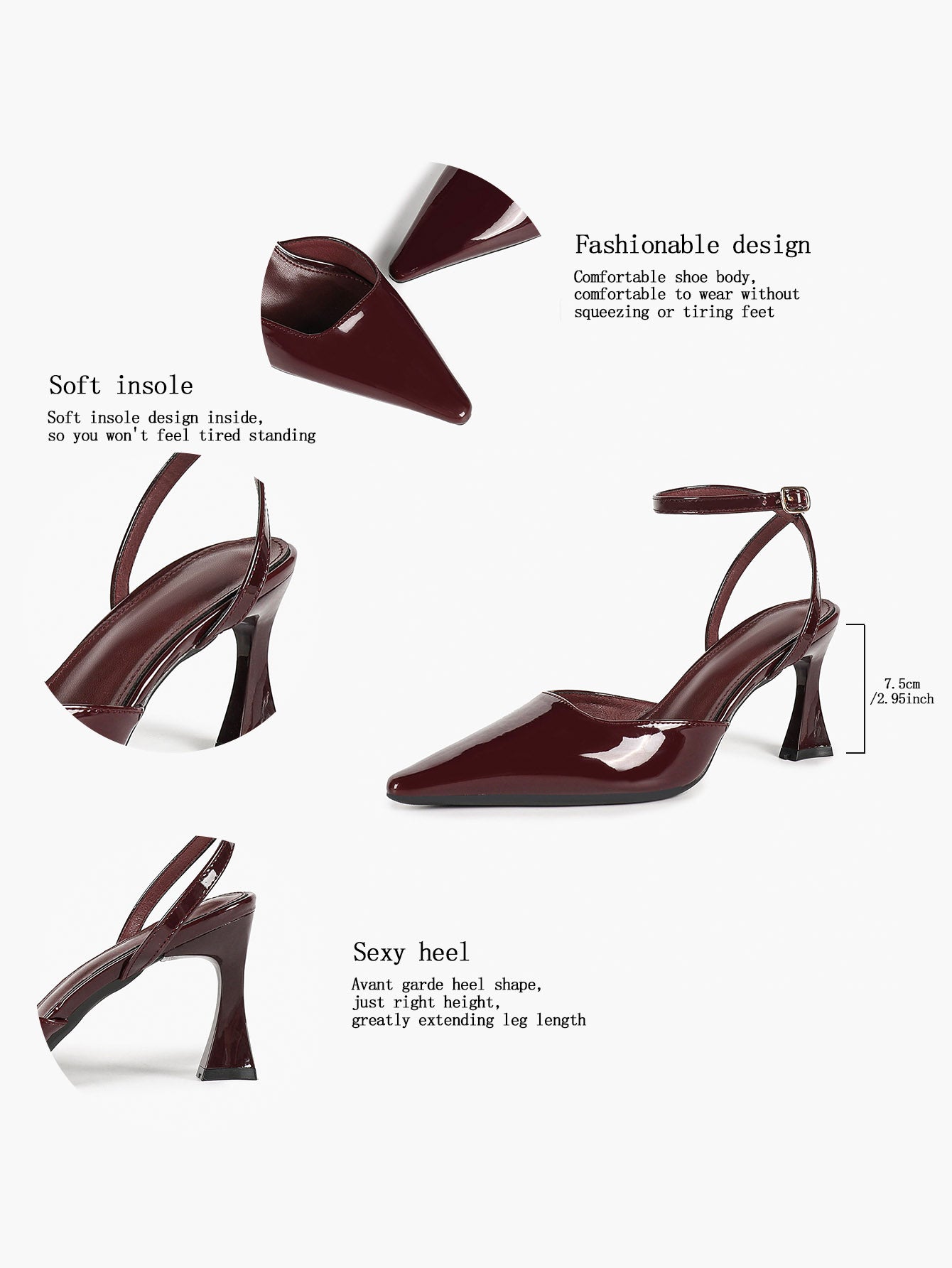 Burgundy Patent Pointed Toe Slingback Pumps Ankle Strap Flared Heels Office Formal Shoes