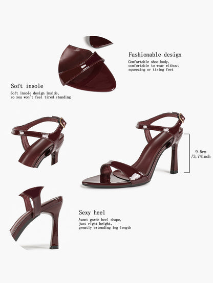 Deep Burgundy Patent Single-Strap Sandals - Minimalist Heels for Urban Chic