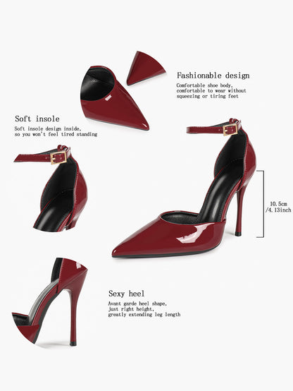 Glossy Red Wine Stiletto Pumps - Pointed Toe Ankle Strap Heels with Anti-Slip Sole