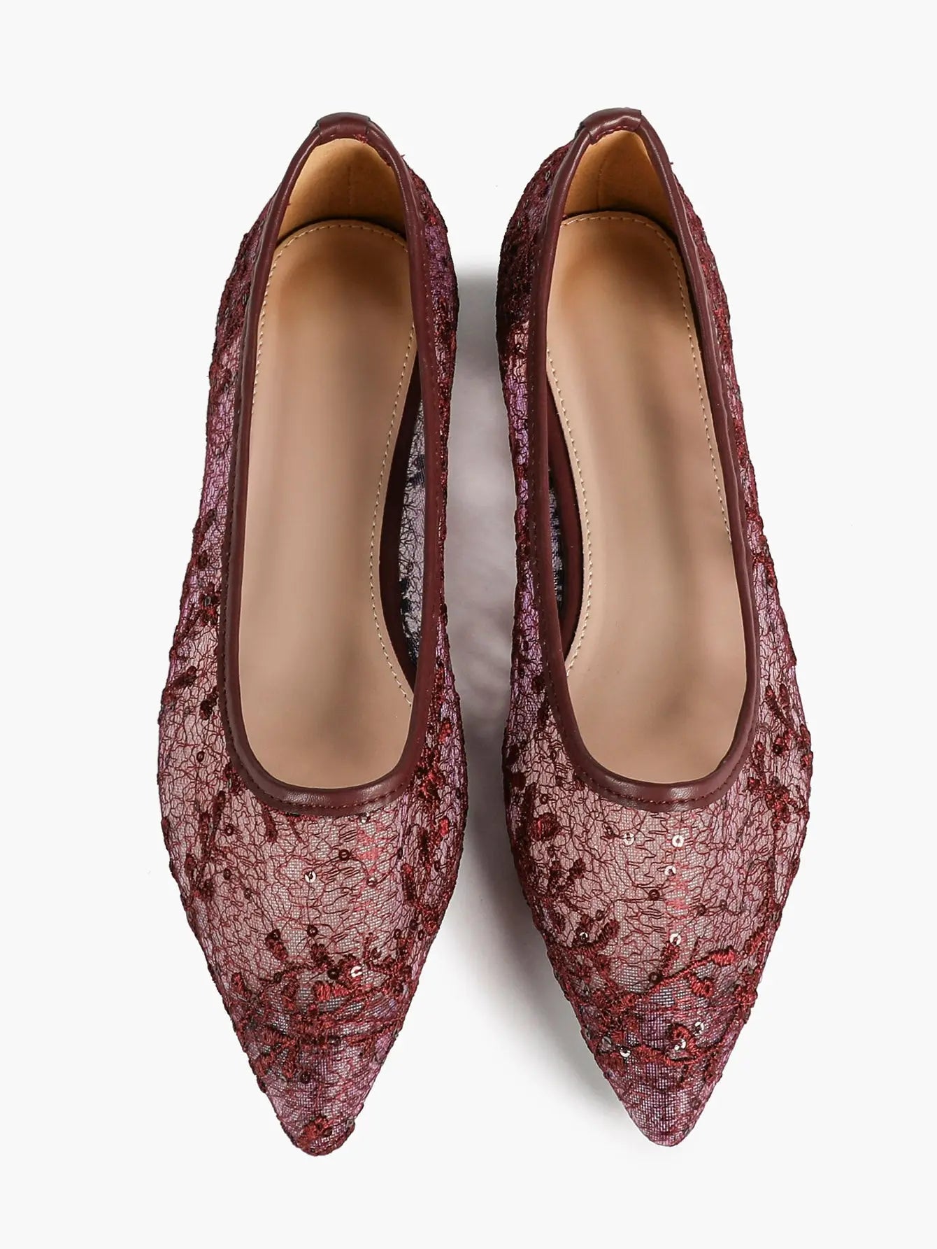 Wine Red Sequin Lace Mesh Pointed Toe Flats – Women's Floral Embroidery Ballet Flat with Iridescent Shimmer YISHIFAN
