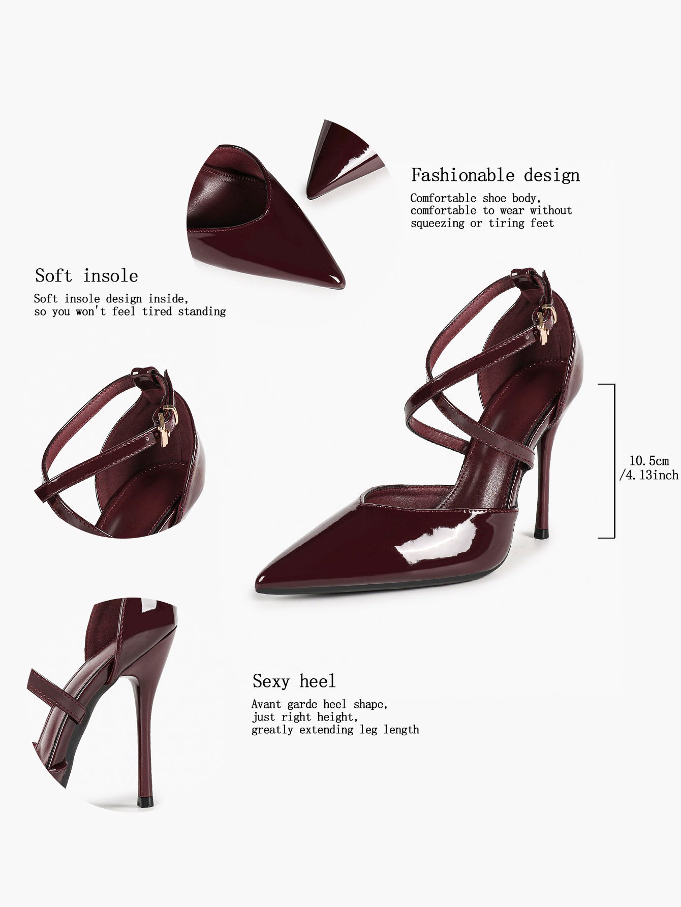 Women's Burgundy Patent Crisscross Strap Pointed Toe High Heels Ankle Buckle Pumps Party Night Out