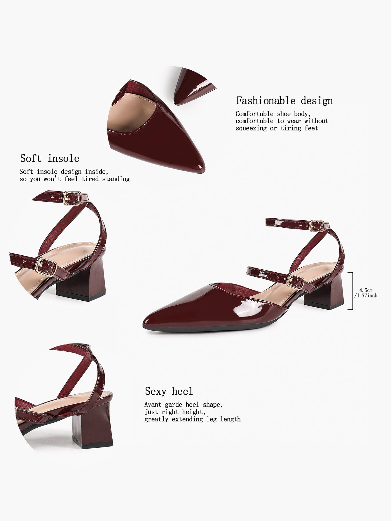 Burgundy Patent Cross-Strap Pointed-Toe Shoes with Comfort Block Heel