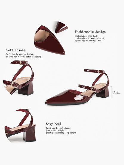 Burgundy Patent Cross-Strap Pointed-Toe Shoes with Comfort Block Heel