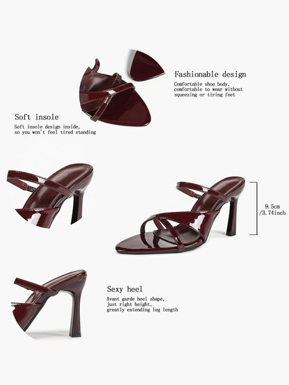 Women's Wine Red Patent Strappy High Heel Sandals Open Toe Slingback Stiletto with Ankle Buckle YISHIFAN