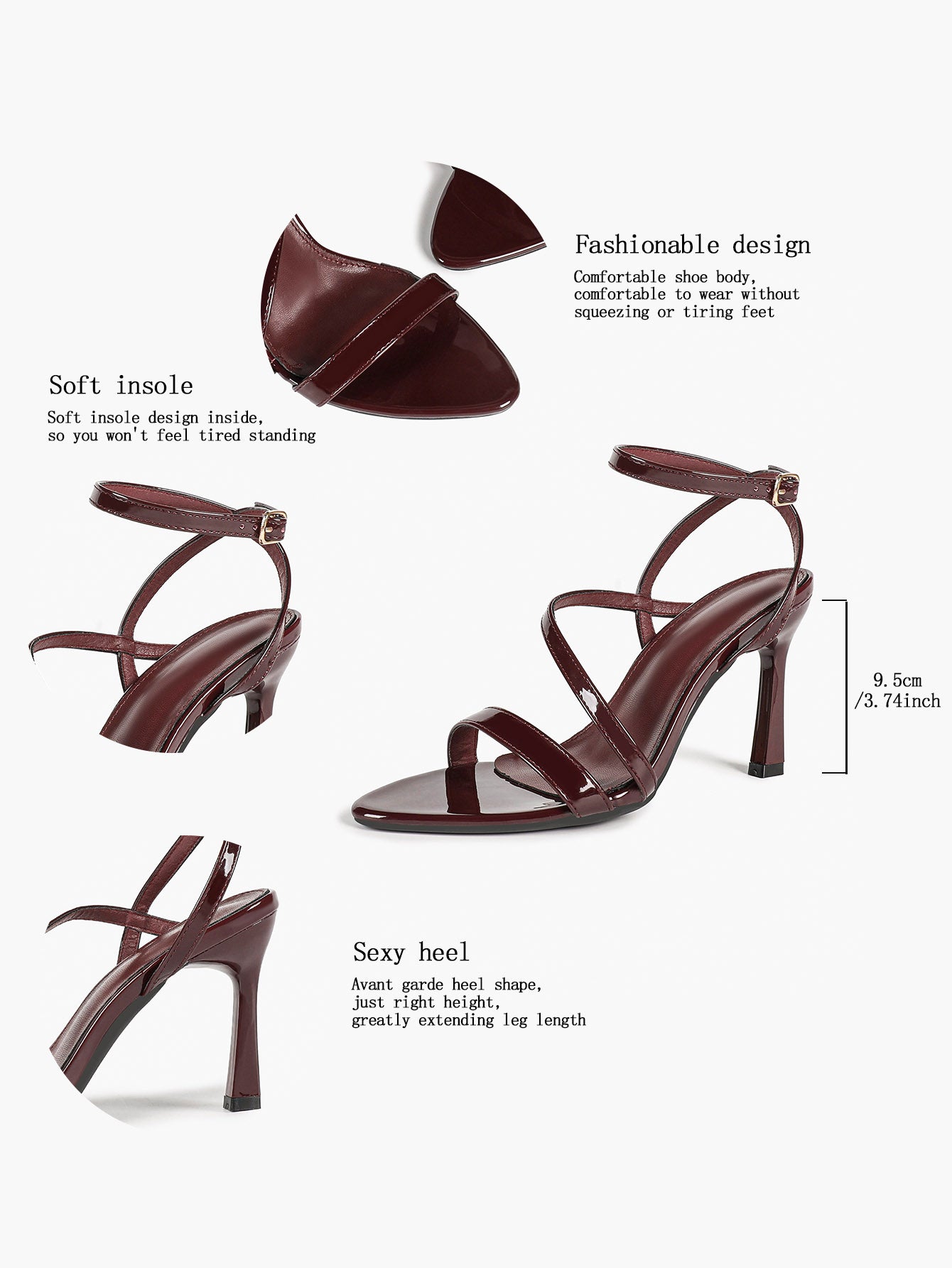 Burgundy Patent Asymmetrical Strap Sandals Pointed Open Toe Stiletto Heels Ankle Buckle Elegant Evening Shoes
