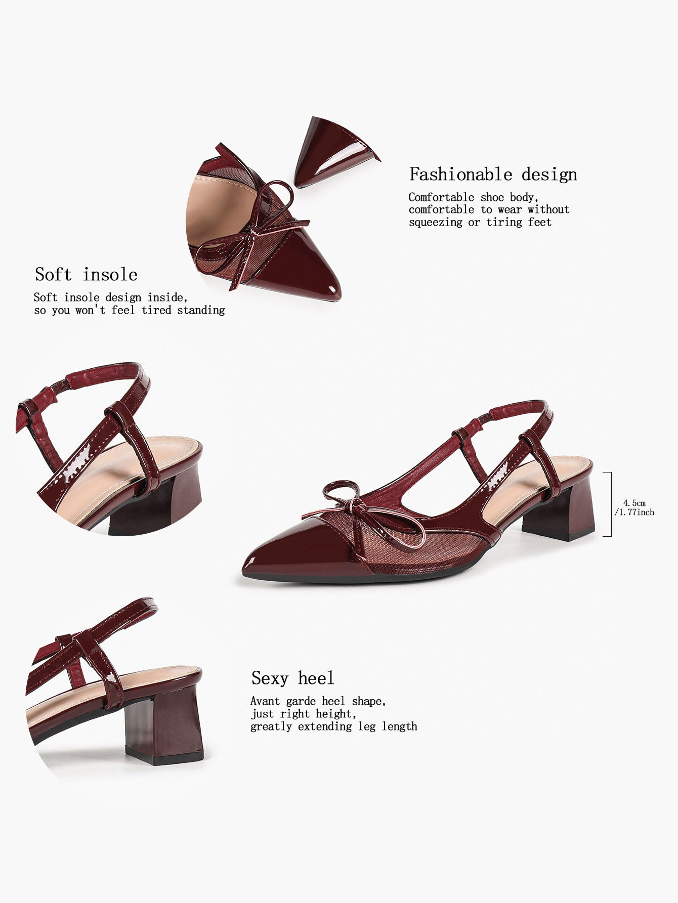Burgundy Patent Bow Slingback Pumps with Mesh Panel and Comfort Heel
