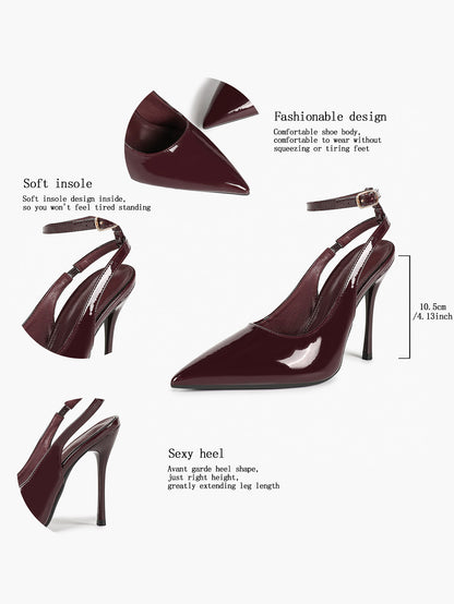 Burgundy Patent Pointed Toe Slingback Stilettos Ankle Buckle Strap-Free Upper Heels Date Night Shoes