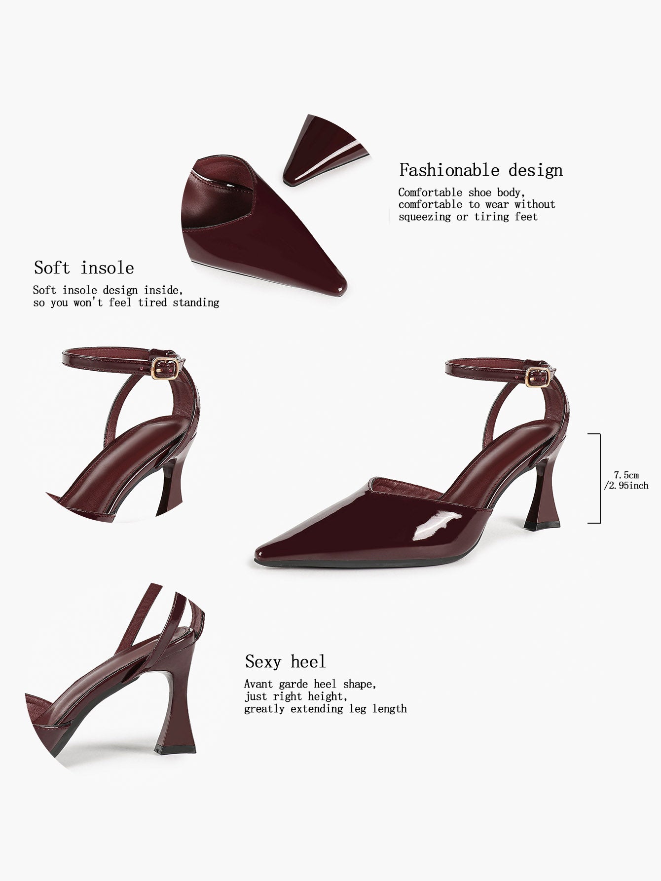 Burgundy Patent Low-Cut Stiletto Pumps Ankle Buckle Slingback Heels Daily Casual Outfits