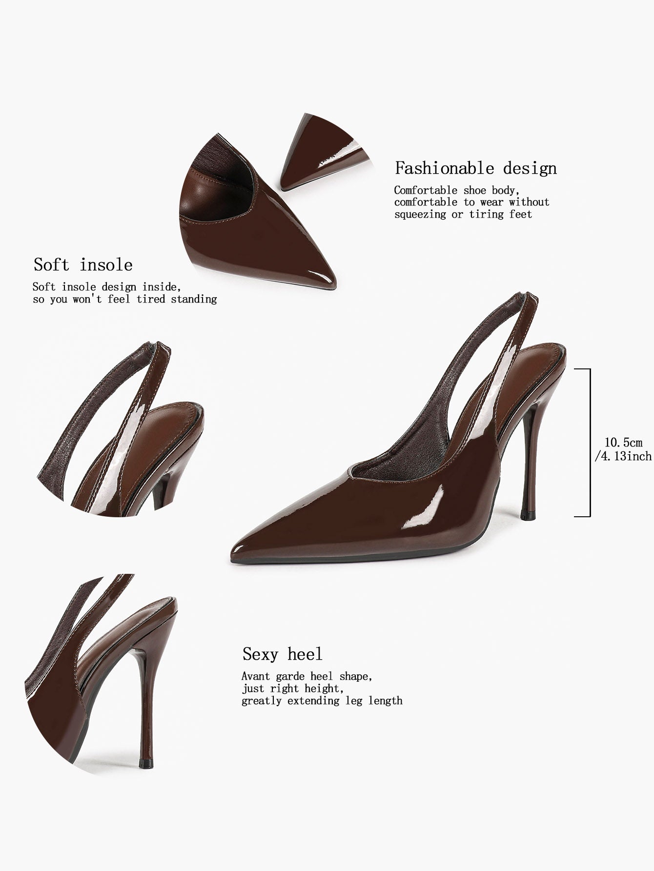 Brown Patent Pointed Toe Slingback Stilettos Strap-Free V-Cut Heels Pull-On Daily Casual Shoes