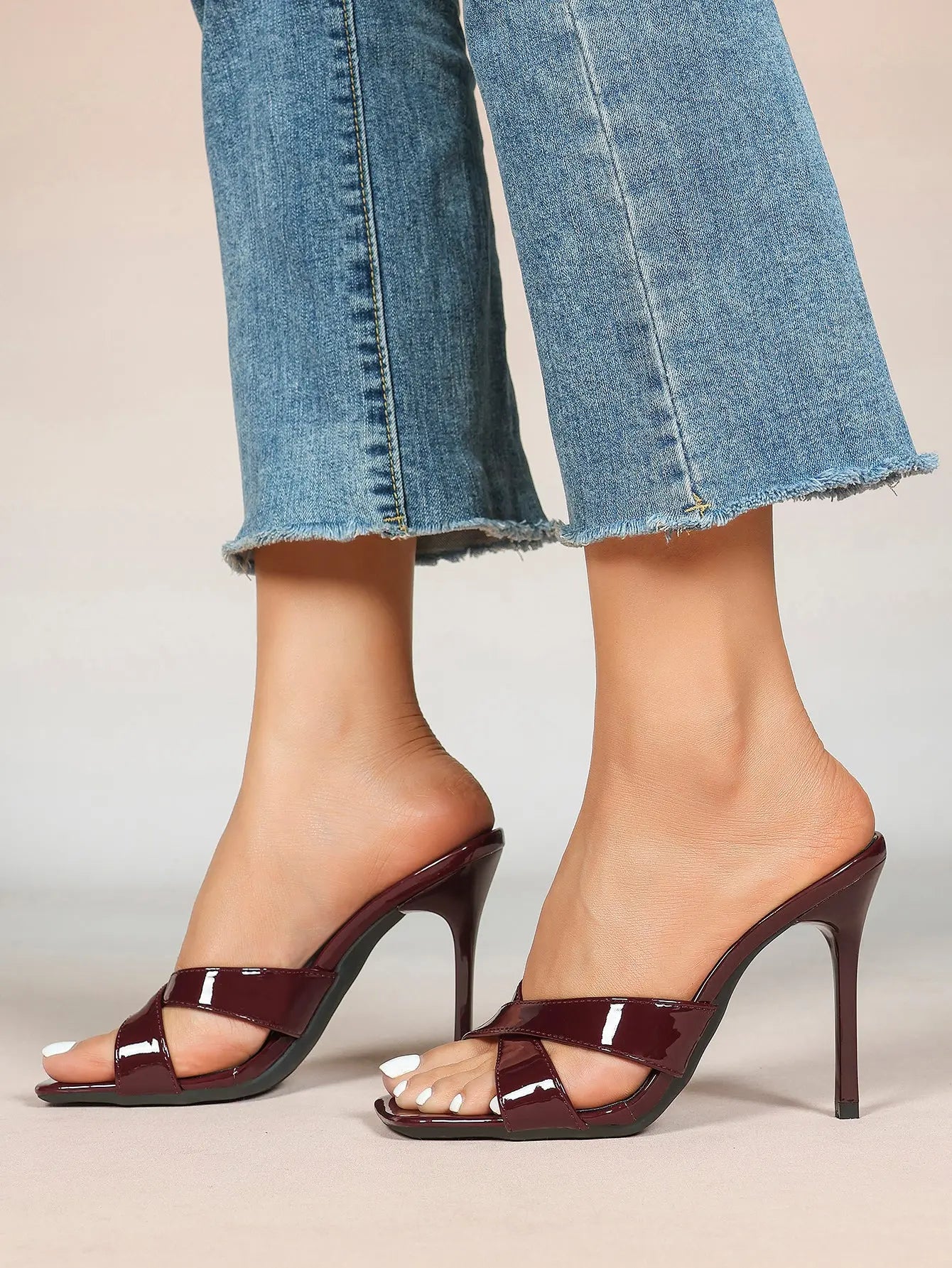 Women's Leather Mule Sandals Block Heel Cross Strap Slip with 3.74 Inch Heel For Daily Casual Office Dress Shoes YISHIFAN