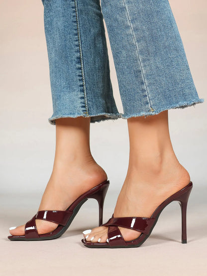 Women's Leather Mule Sandals Block Heel Cross Strap Slip with 3.74 Inch Heel For Daily Casual Office Dress Shoes YISHIFAN