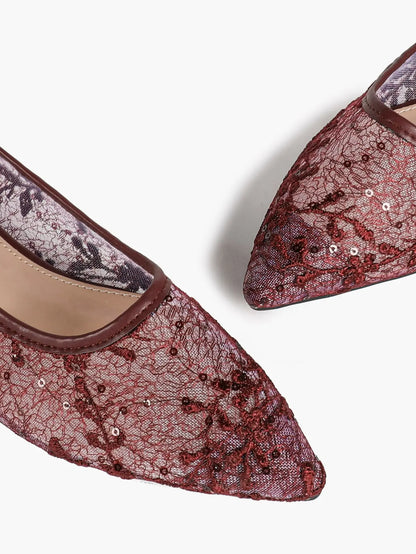 Wine Red Sequin Lace Mesh Pointed Toe Flats – Women's Floral Embroidery Ballet Flat with Iridescent Shimmer YISHIFAN