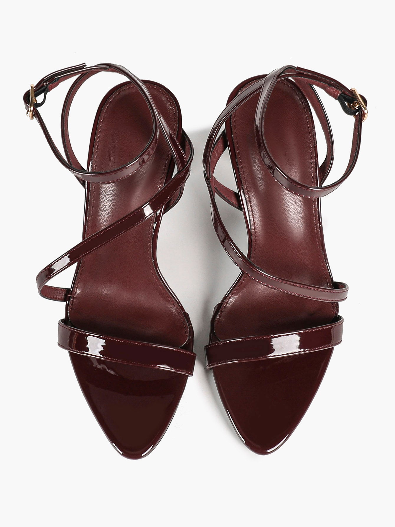Burgundy Patent Asymmetrical Strap Sandals Pointed Open Toe Stiletto Heels Ankle Buckle Elegant Evening Shoes