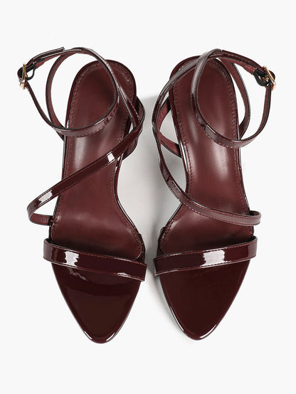 Burgundy Patent Asymmetrical Strap Sandals Pointed Open Toe Stiletto Heels Ankle Buckle Elegant Evening Shoes