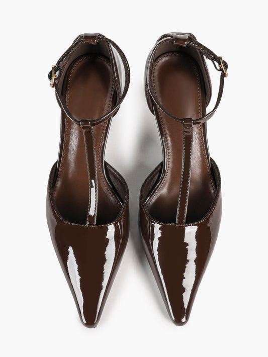 Women's Brown Patent T-Strap Stiletto Heels Ankle Buckle Pointed Toe Slingback Pumps Party Work Shoes