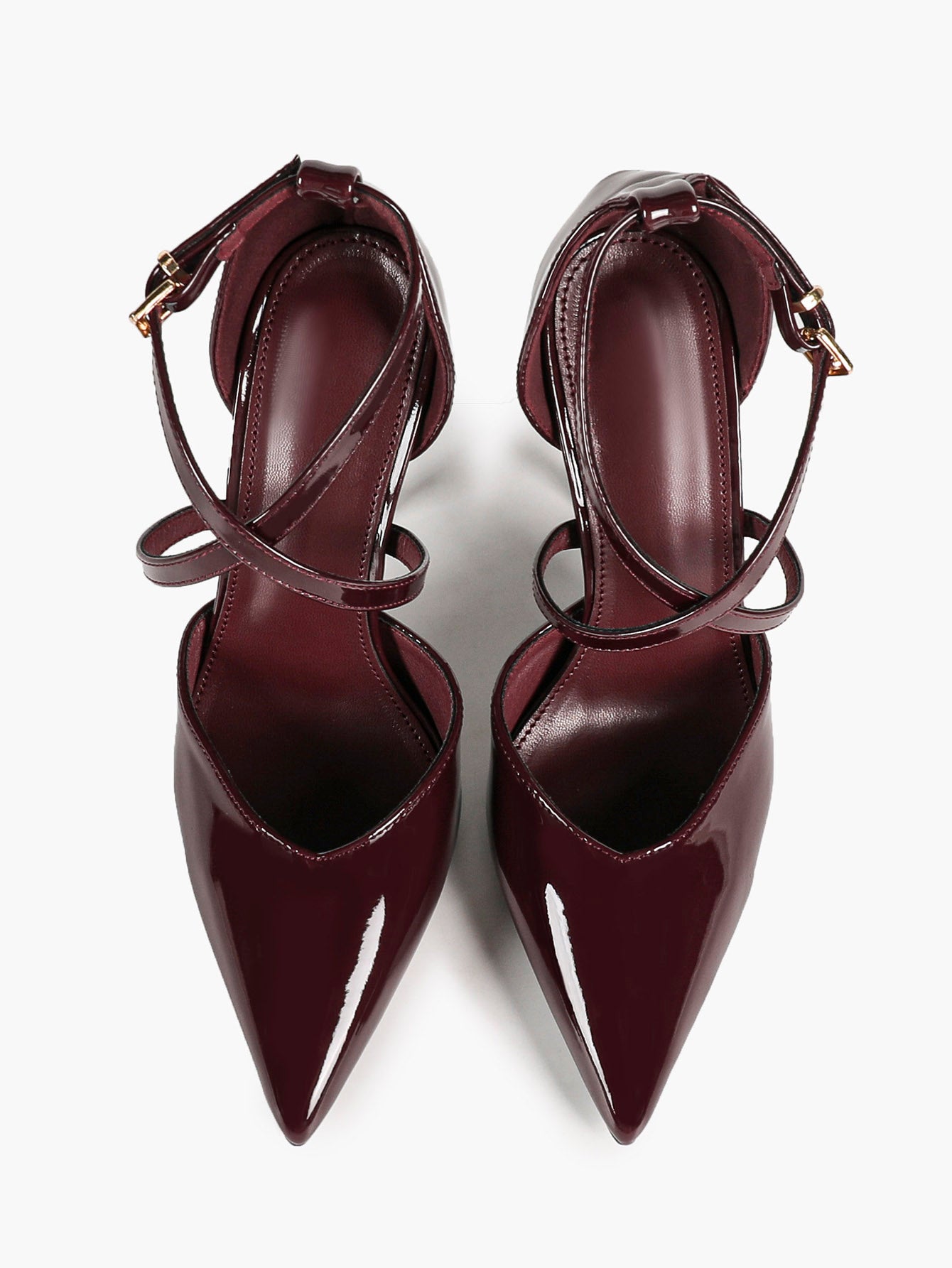 Women's Burgundy Patent Crisscross Strap Pointed Toe High Heels Ankle Buckle Pumps Party Night Out