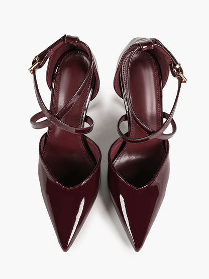 Women's Burgundy Patent Crisscross Strap Pointed Toe High Heels Ankle Buckle Pumps Party Night Out