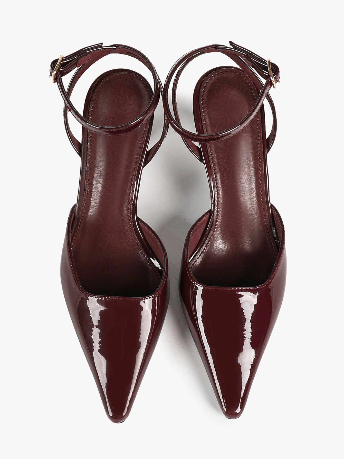 Burgundy Patent Pointed Toe Slingback Pumps Ankle Strap Flared Heels Office Formal Shoes