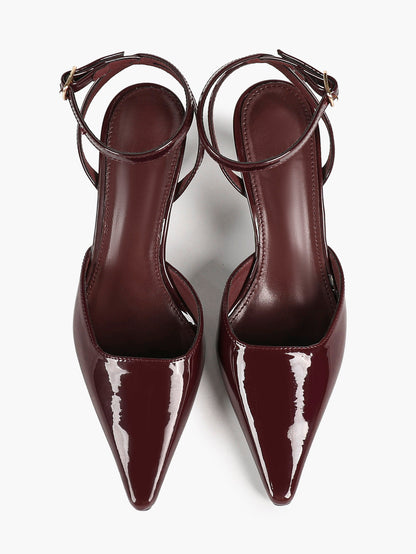 Burgundy Patent Pointed Toe Slingback Pumps Ankle Strap Flared Heels Office Formal Shoes