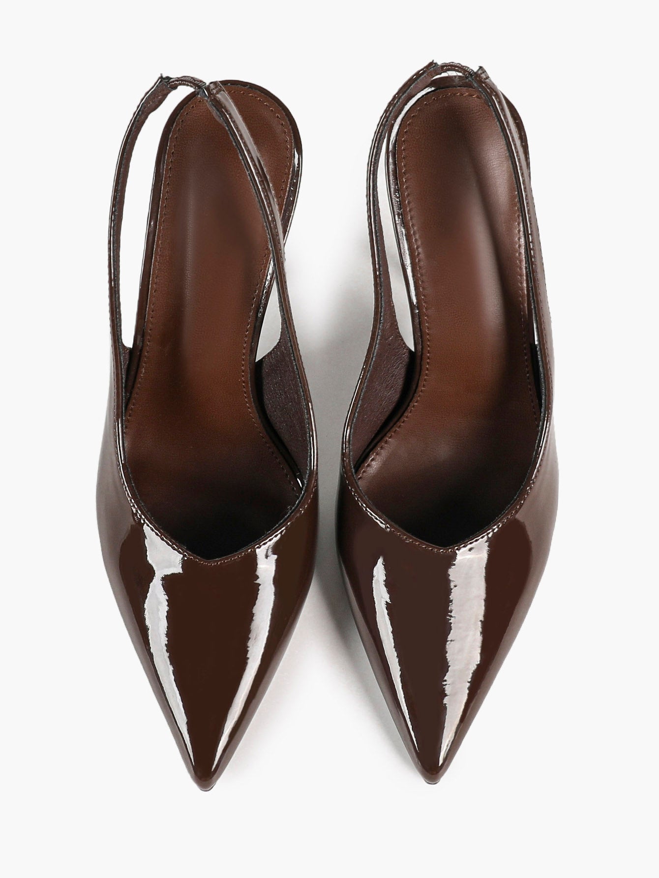Brown Patent Pointed Toe Slingback Stilettos Strap-Free V-Cut Heels Pull-On Daily Casual Shoes