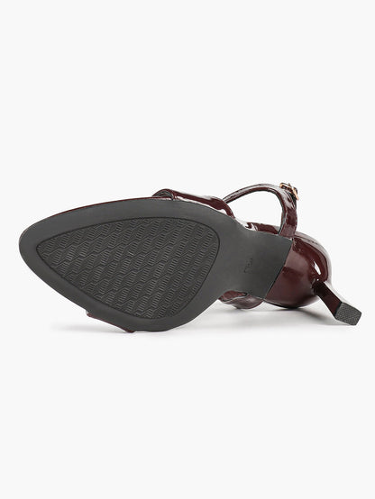 Deep Burgundy Patent Single-Strap Sandals - Minimalist Heels for Urban Chic