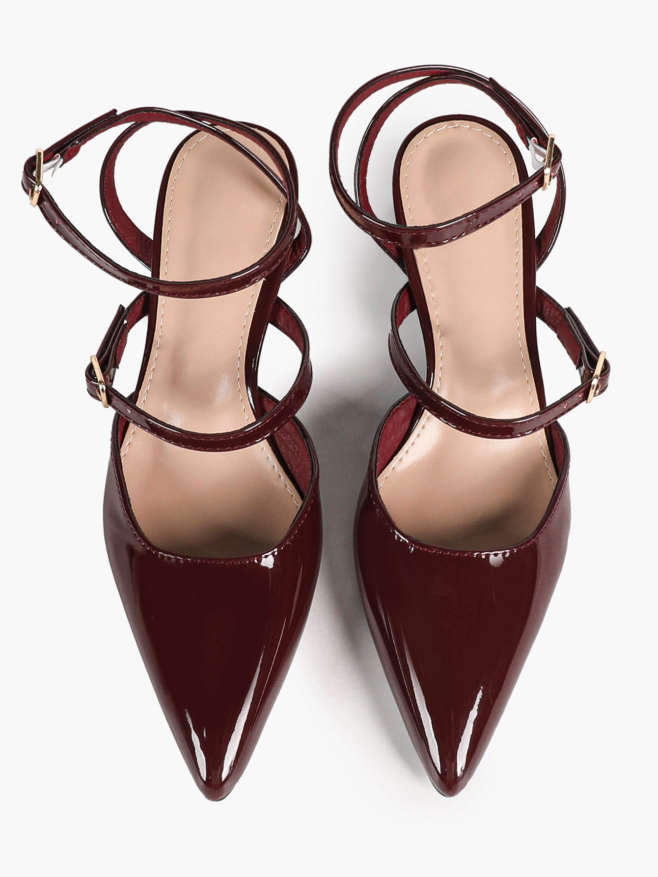 Burgundy Patent Cross-Strap Pointed-Toe Shoes with Comfort Block Heel