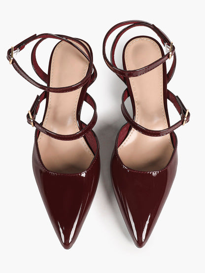 Burgundy Patent Cross-Strap Pointed-Toe Shoes with Comfort Block Heel