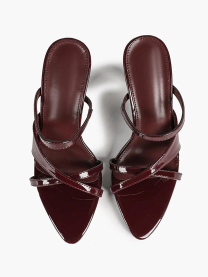 Women's Wine Red Patent Strappy High Heel Sandals Open Toe Slingback Stiletto with Ankle Buckle YISHIFAN