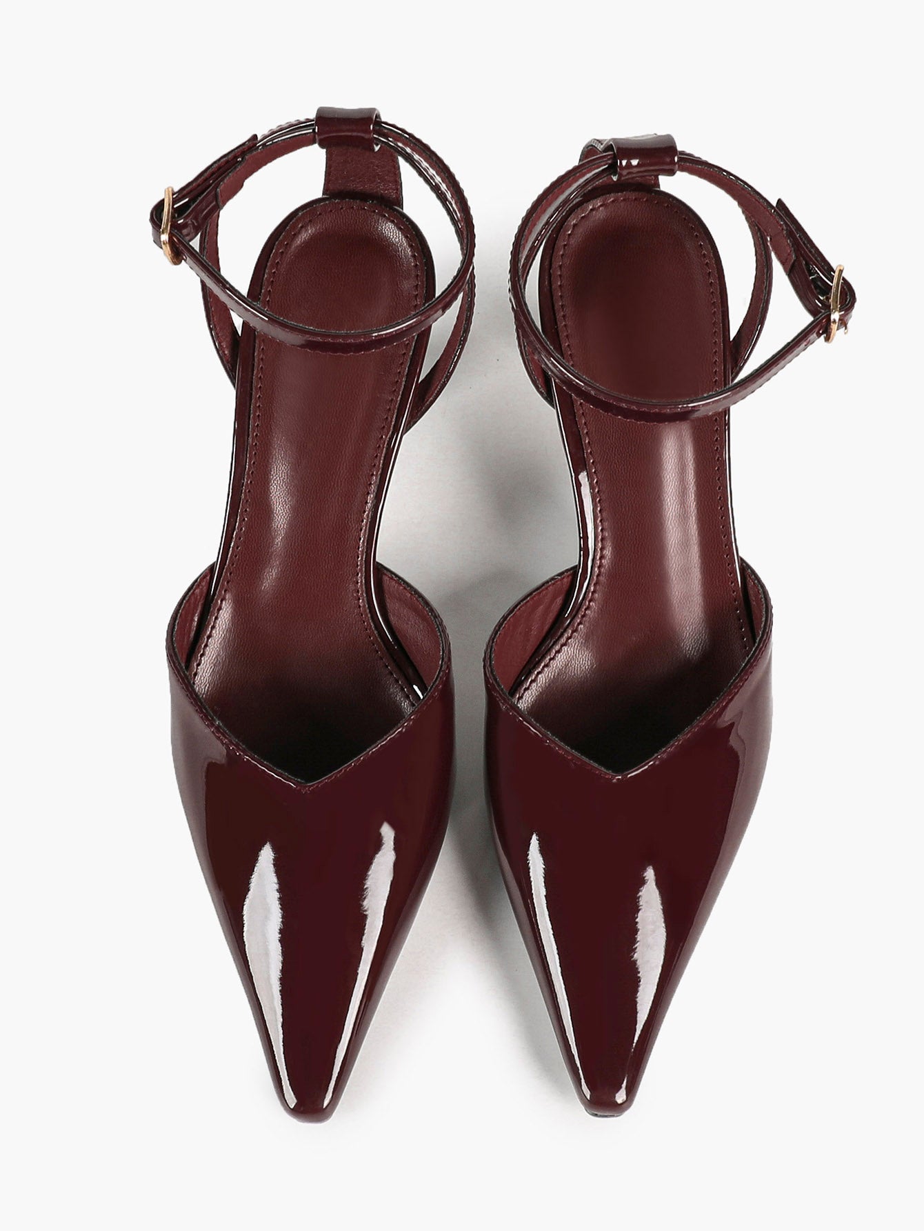 Burgundy Patent Low-Cut Stiletto Pumps Ankle Buckle Slingback Heels Daily Casual Outfits