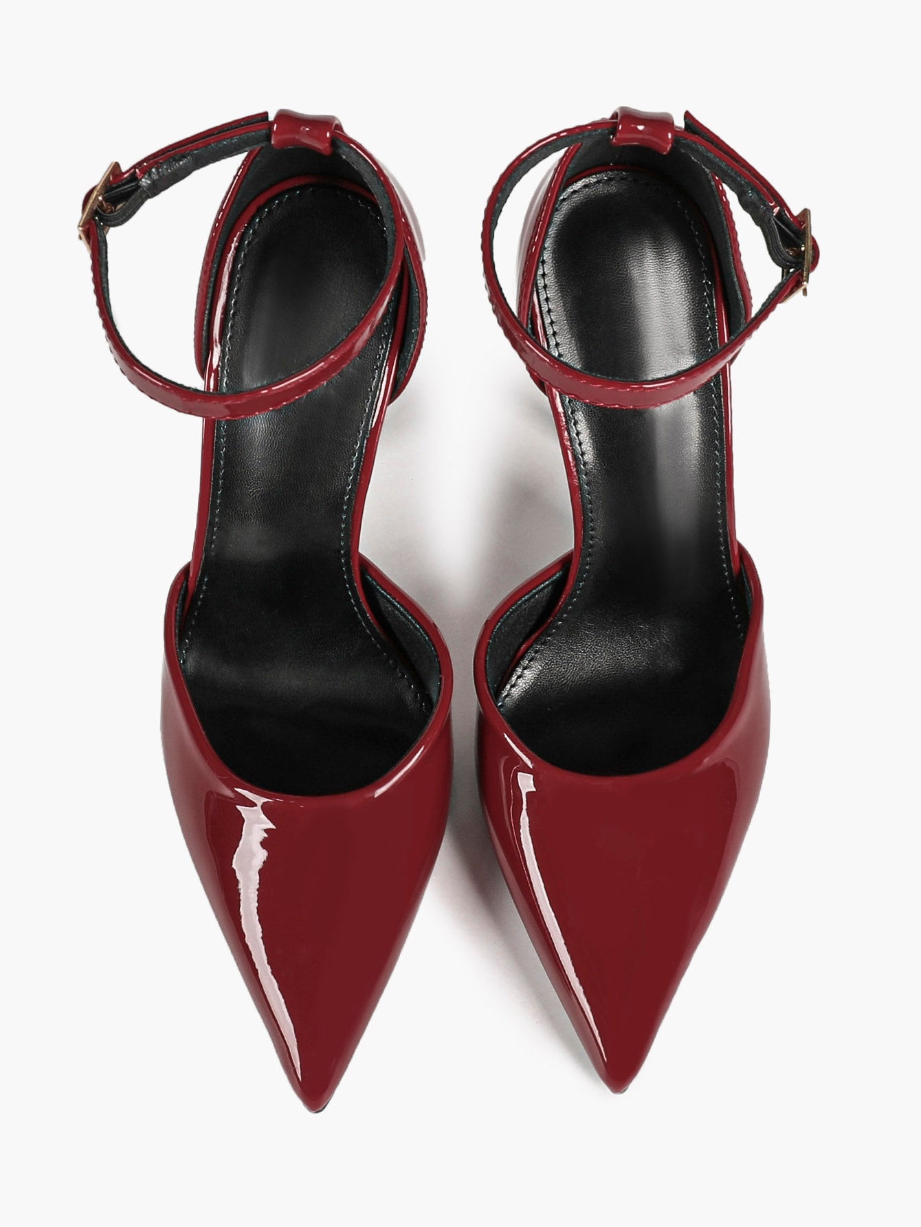 Glossy Red Wine Stiletto Pumps - Pointed Toe Ankle Strap Heels with Anti-Slip Sole