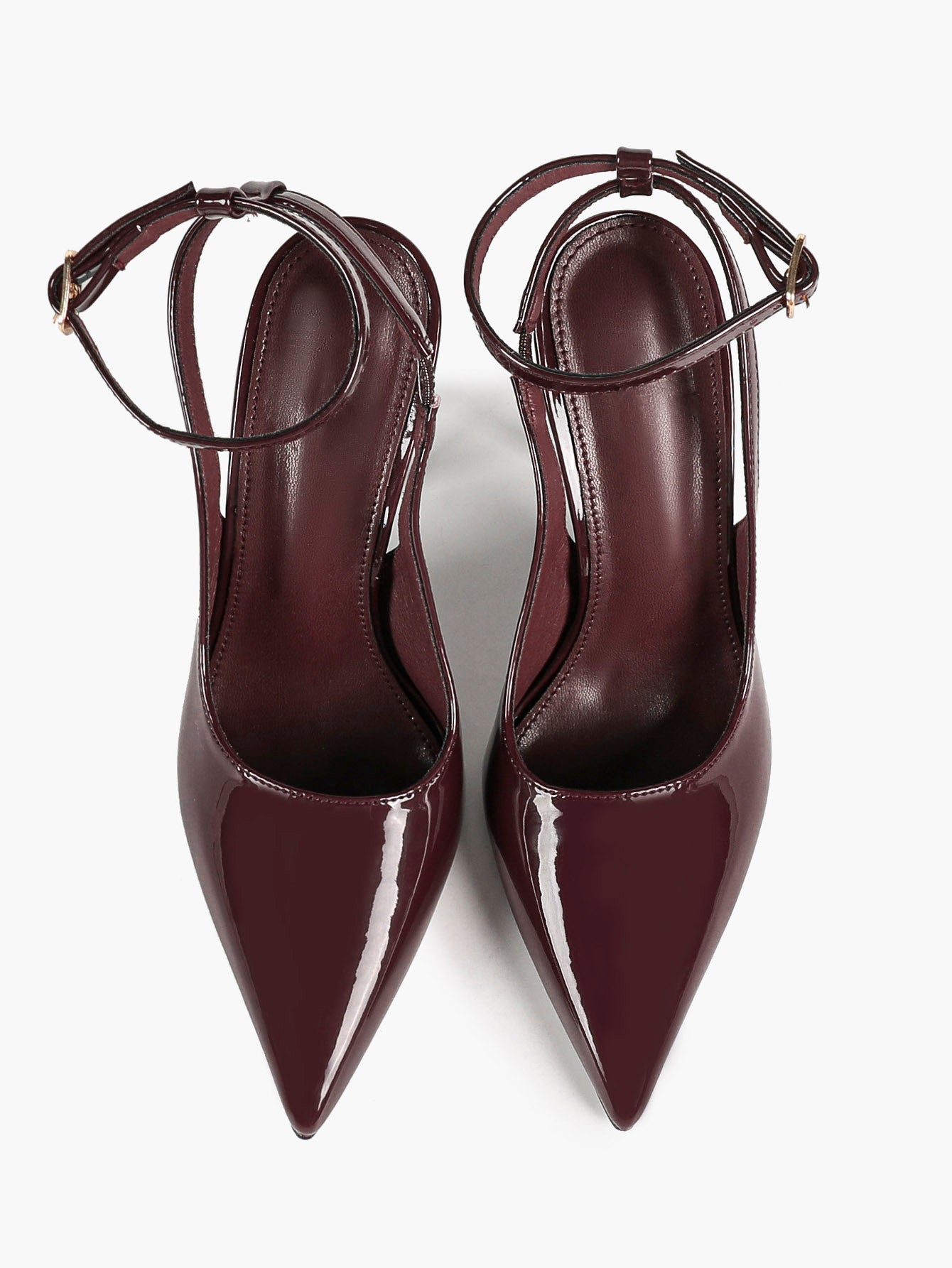 Burgundy Patent Pointed Toe Slingback Stilettos Ankle Buckle Strap-Free Upper Heels Date Night Shoes