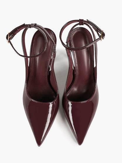 Burgundy Patent Pointed Toe Slingback Stilettos Ankle Buckle Strap-Free Upper Heels Date Night Shoes