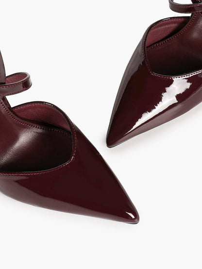 Women's Burgundy Patent Crisscross Strap Pointed Toe High Heels Ankle Buckle Pumps Party Night Out