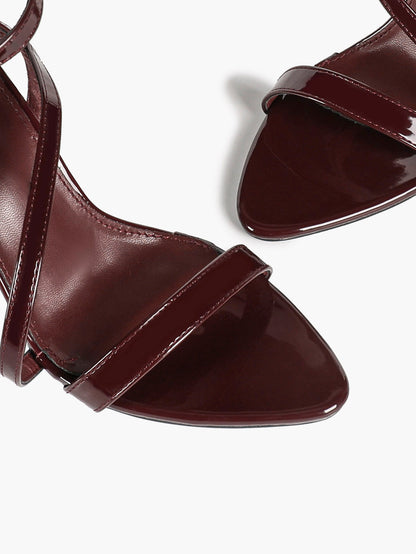 Burgundy Patent Asymmetrical Strap Sandals Pointed Open Toe Stiletto Heels Ankle Buckle Elegant Evening Shoes